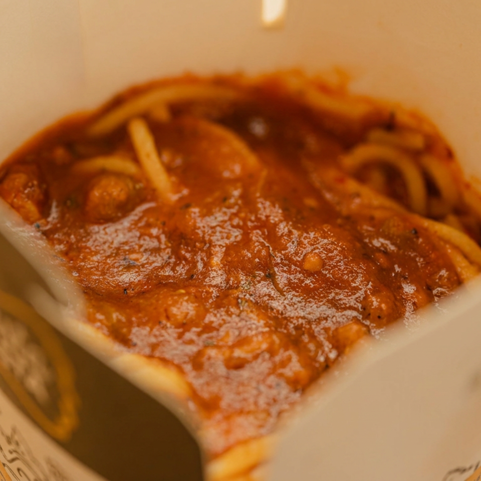 Spaghetti with meatballs coated in tomato sauce served in an open white takeaway box.